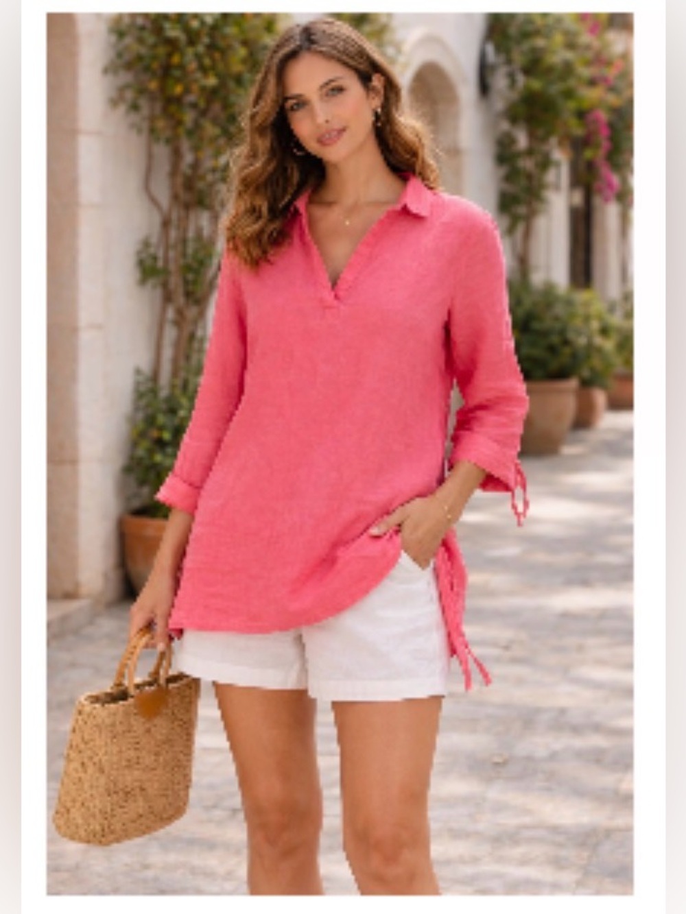 Isaac Mizrahi 100% Linen Pullover V-Neck Collared Top Side Ties 3/4 Sleeves L - Picture 6 of 6